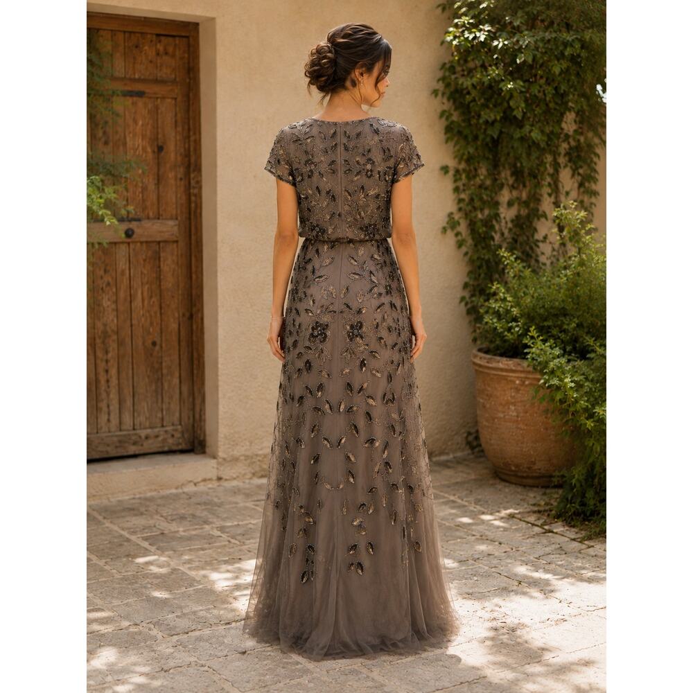 Adrianna Papell Brown Lead Beaded Sequin Floral Evening Gown Size 2 NWT $299 - Picture 2 of 15